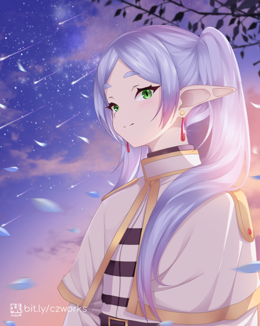 1girl belt blurry capelet comet commentary_request dangle_earrings depth_of_field earrings elf falling_petals frieren green_eyes highres jewelry long_hair long_sleeves looking_at_viewer outdoors parted_bangs petals pointy_ears shizudraw sidelocks sky smile solo sousou_no_frieren star_(sky) starry_sky thick_eyebrows twilight twintails upper_body white_capelet white_hair