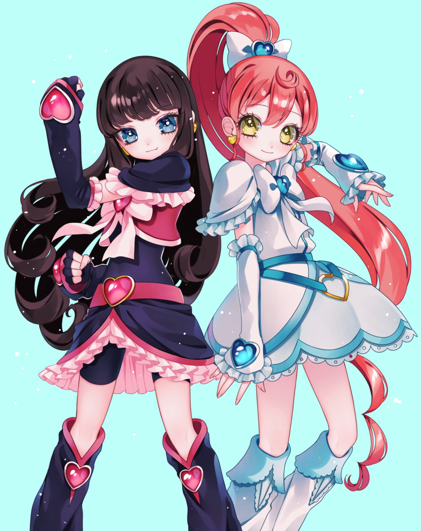 2girls ao_(ao0_0nemu) bad_id bad_twitter_id black_capelet black_dress blue_background blue_eyes bow brooch brown_hair capelet closed_mouth commentary_request cosplay cure_black cure_black_(cosplay) cure_black_pose cure_white cure_white_(cosplay) cure_white_pose detached_sleeves dress futari_wa_precure hair_bow hand_up heart heart_brooch highres jewelry kurosu_aroma leg_warmers long_hair looking_at_viewer magical_girl multiple_girls ponytail precure pretty_series pripara redhead shiratama_mikan simple_background smile standing very_long_hair white_bow white_capelet white_dress yellow_eyes