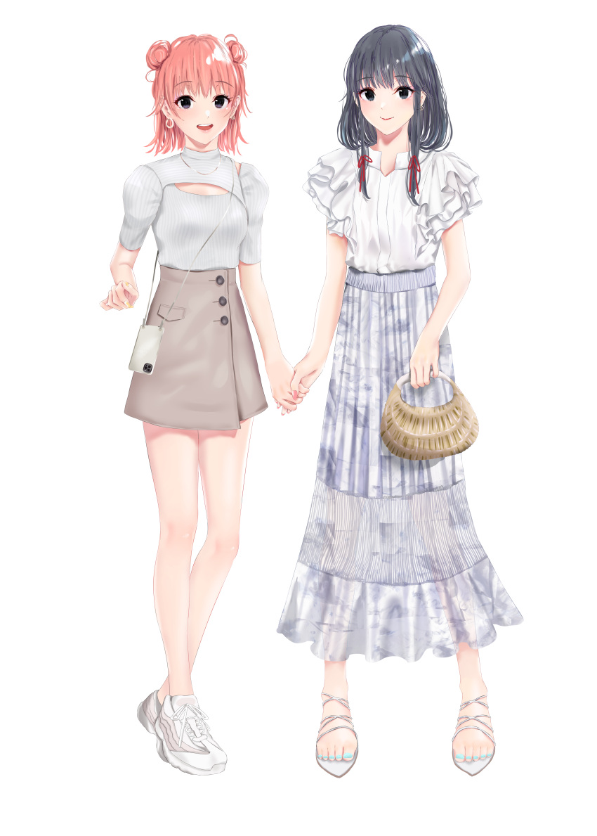 2girls :d absurdres bag black_eyes black_hair brown_skirt cellphone closed_mouth double_bun full_body hair_bun hair_ribbon hayase_illusut high_heels highres holding holding_bag holding_hands long_hair long_skirt multiple_girls open_mouth phone pink_hair red_ribbon ribbon shirt shoes short_hair short_sleeves skirt smartphone smile sneakers standing teeth toes upper_teeth_only white_footwear white_shirt white_skirt yahari_ore_no_seishun_lovecome_wa_machigatteiru. yuigahama_yui yukinoshita_yukino