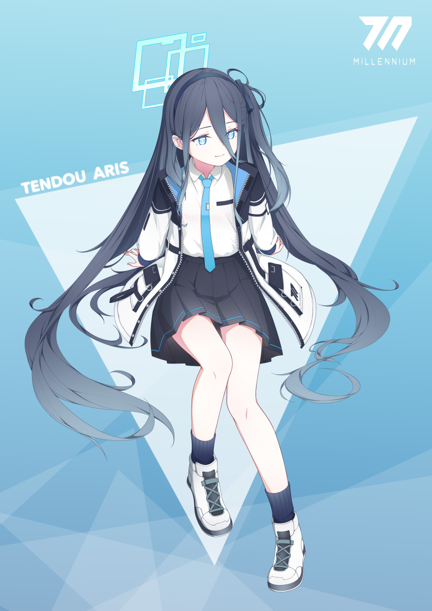 1girl absurdres aris_(blue_archive) black_hair black_hairband black_skirt black_socks blue_archive blue_background blue_eyes blue_necktie character_name closed_mouth full_body hair_between_eyes hairband highres jacket karin-best long_hair long_sleeves necktie one_side_up open_clothes open_jacket pleated_skirt puffy_long_sleeves puffy_sleeves ribbed_socks shoes sitting skirt sleeves_past_wrists smile socks solo very_long_hair white_footwear white_jacket