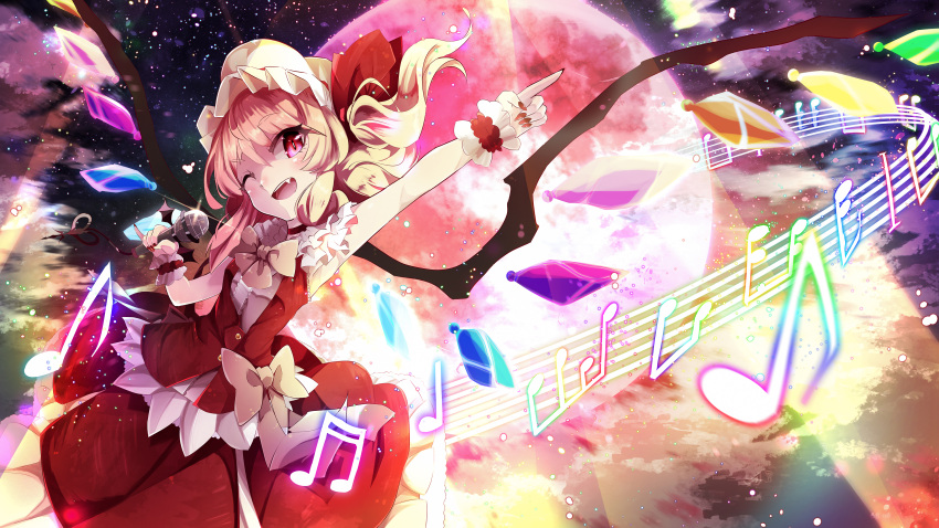1girl absurdres blonde_hair bow commentary_request crystal_wings fang flandre_scarlet hat highres holding holding_microphone index_finger_raised looking_at_viewer microphone mob_cap musical_note nanamiyuki one_eye_closed one_side_up open_mouth red_eyes red_nails red_skirt red_vest skirt sky solo star_(sky) starry_sky touhou vest white_hat wrist_cuffs yellow_bow