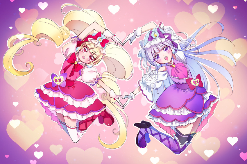2girls aisaki_emiru ascot black_thighhighs blonde_hair blunt_bangs boots bow bowtie clothing_cutout commentary cure_amour cure_macherie dress dress_bow earrings frilled_dress frilled_sleeves frills hat hat_bow heart heart_arms_duo heart_background high_heel_boots high_heels highres hugtto!_precure jewelry knee_boots layered_dress legs_up long_hair looking_at_viewer magical_girl miisu_(minirose) mob_cap multiple_girls open_mouth pom_pom_(clothes) pom_pom_earrings precure puffy_short_sleeves puffy_sleeves purple_ascot purple_bow purple_dress purple_footwear purple_hair red_bow red_bowtie red_dress red_eyes red_footwear ruru_amour short_sleeves shoulder_cutout smile thigh-highs thigh_boots very_long_hair violet_eyes white_hat white_thighhighs