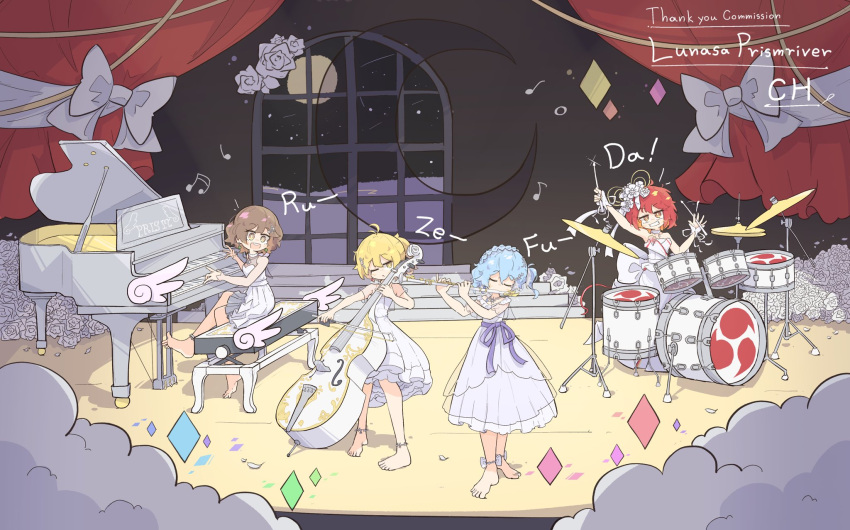 4girls ankle_ribbon barefoot blonde_hair blue_ribbon bow_(weapon) brown_eyes brown_hair closed_eyes crescent double_bass dress drum drum_set drumsticks elbow_gloves flower flute frilled_dress frills full_moon gloves grand_piano hair_flower hair_ornament highres holding holding_bow_(weapon) holding_drumsticks holding_instrument holding_weapon horikawa_raiko instrument leg_ribbon lunasa_prismriver lyrica_prismriver merlin_prismriver moon multiple_girls no_headwear piano primsla red_curtains red_eyes redhead ribbon sitting stage standing strapless strapless_dress touhou weapon white_dress window yellow_eyes