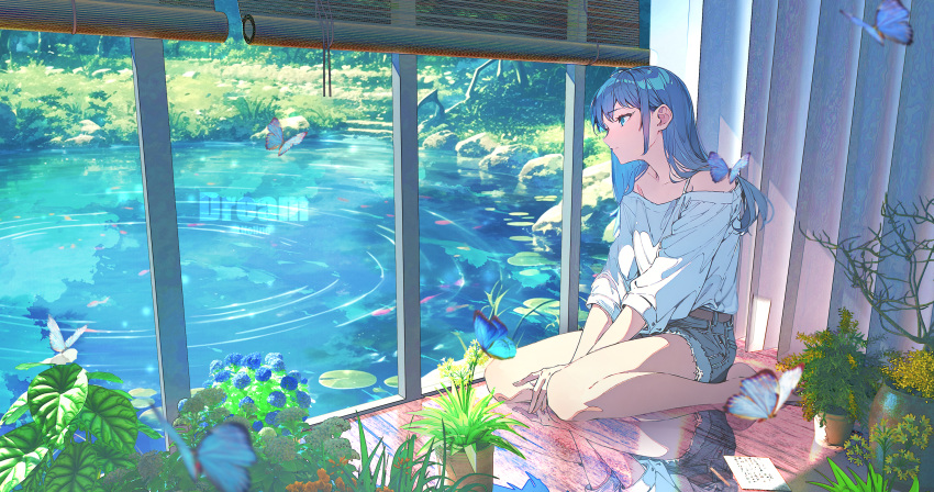 1girl absurdres ai-assisted bamboo_screen blue_eyes blue_hair bug butterfly denim denim_shorts highres lifeline_(a384079959) lily_pad long_hair looking_outside original plant pond potted_plant scenery shirt shorts sitting solo wariza white_shirt window