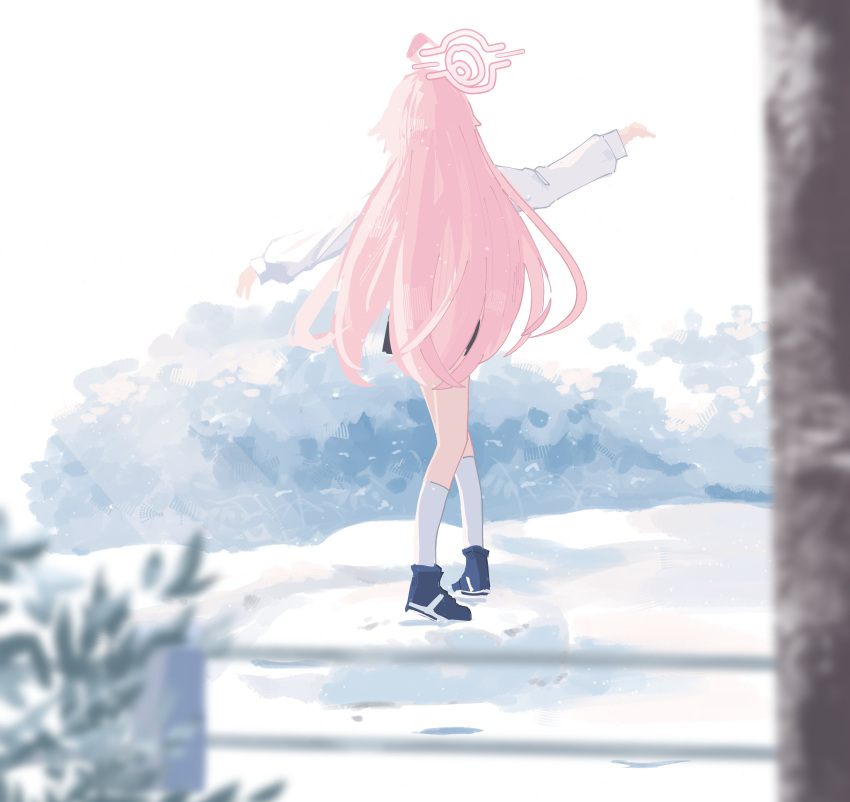 1girl absurdres ahoge blue_archive from_behind full_body halo highres hoshino_(blue_archive) long_hair long_sleeves lyrinne outdoors outstretched_arms pink_hair shirt shoes skirt sneakers socks solo spread_arms walking white_shirt white_socks