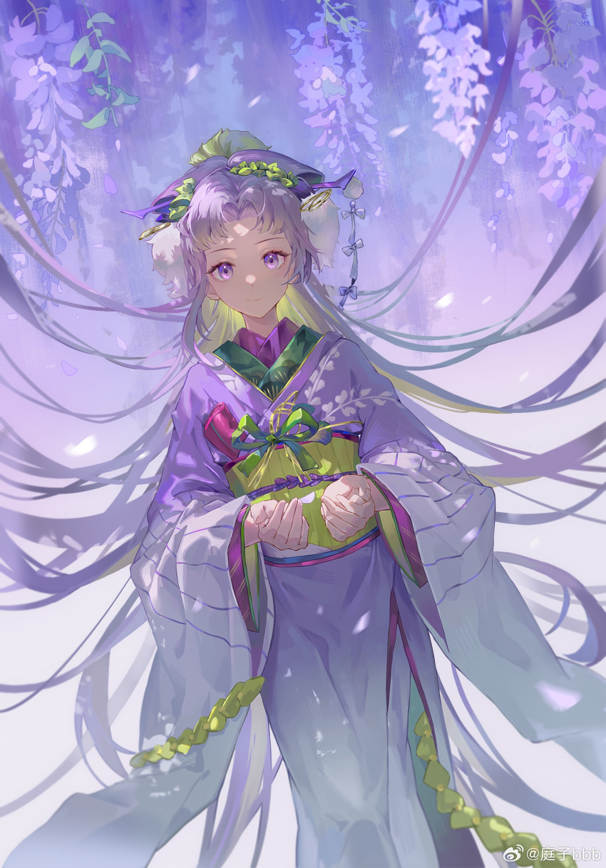 1girl character_request check_character check_copyright chinese_commentary closed_mouth commentary_request copyright_request cupping_hands feet_out_of_frame floating_hair flower fujihime_(onmyoji) green_ribbon green_sash hair_intakes hair_ornament hairpin highres japanese_clothes jewelry kimono layered_sleeves leaf long_hair long_sleeves looking_at_viewer obi onmyoji own_hands_together purple_flower purple_hair purple_kimono ribbon ring sash smile solo standing ting_zi_bbb very_long_hair violet_eyes watermark weibo_logo wide_sleeves