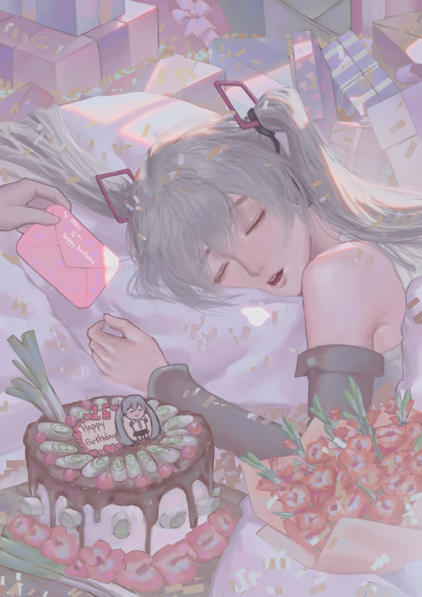 1girl 1other absurdres benghuai_(yhae7454) birthday_cake box cake character_doll chinese_commentary closed_eyes confetti detached_sleeves english_text facing_viewer flower food gift gift_box green_hair hair_between_eyes hair_ornament happy_birthday hatsune_miku hatsune_miku_(vocaloid4) highres holding holding_letter letter long_hair long_sleeves lying on_stomach open_mouth out_of_frame red_flower sleeping solo_focus spring_onion twintails vocaloid