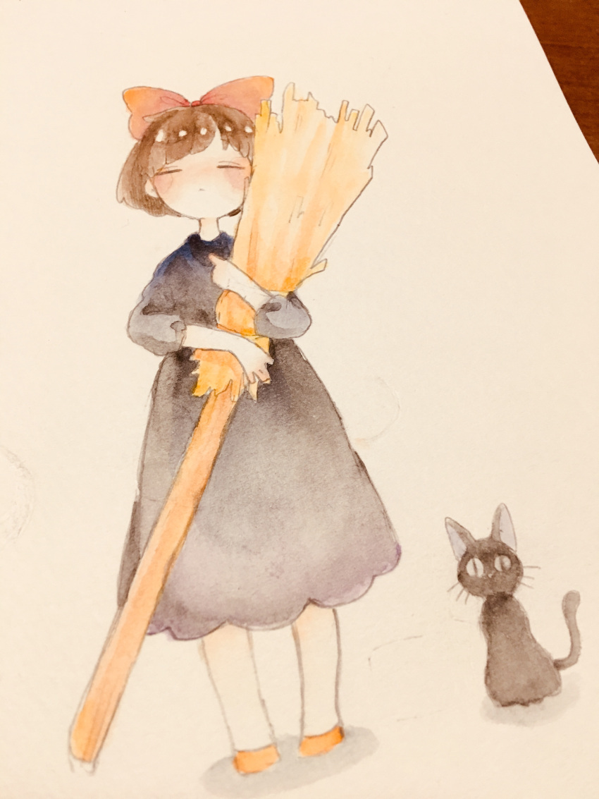 1girl absurdres black_cat black_dress bow broom brown_hair cat closed_eyes dress facing_viewer hair_bow highres holding holding_broom jiji_(majo_no_takkyuubin) kiki_(majo_no_takkyuubin) majo_no_takkyuubin painting_(medium) red_bow s_s_dream_world solo standing traditional_media watercolor_(medium)