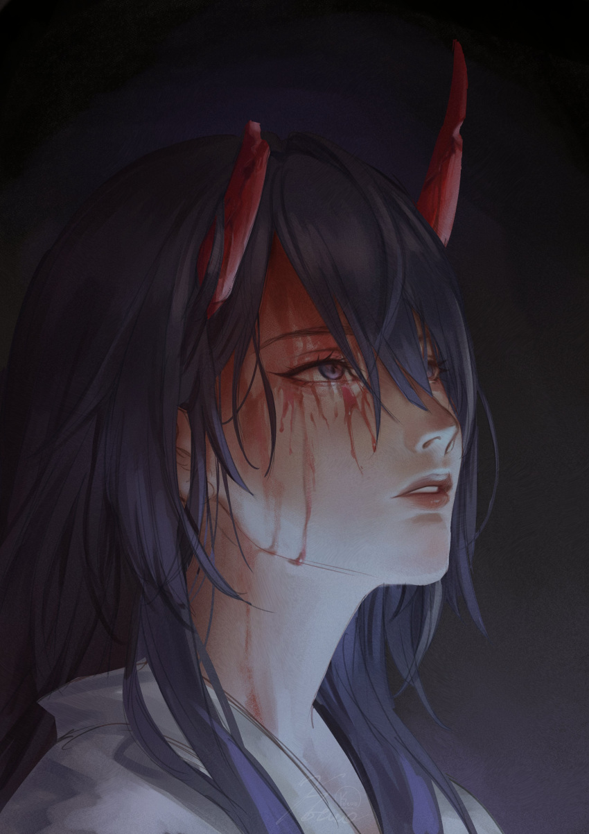 1girl absurdres acheron_(honkai:_star_rail) blood blood_on_face broken_horn hair_between_eyes highres honkai:_star_rail honkai_(series) horns japanese_clothes kimono kokotuo long_hair looking_up open_mouth parted_lips purple_hair red_horns red_lips solo violet_eyes