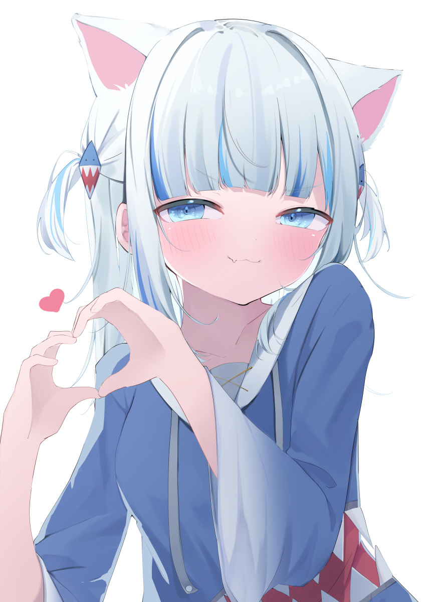 1girl :3 absurdres animal_ears blue_eyes blue_hair blue_hoodie blunt_bangs blush breasts cat_ears closed_mouth commentary extra_ears fang fang_out gawr_gura gawr_gura_(1st_costume) gradient_sleeves grey_hair hair_ornament heart heart_hands highres hololive hololive_english hood hood_down hoodie long_hair long_sleeves looking_at_viewer multicolored_hair shark_hair_ornament skin_fang small_breasts smirk smug solo streaked_hair symbol-only_commentary two_side_up uica upper_body white_background wide_sleeves