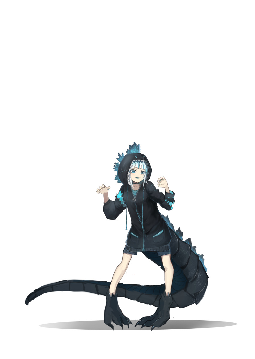 1girl :3 absurdres baozha_agong black_hoodie black_scales blue_eyes blue_mouth blue_nails blue_shirt blue_shorts blue_tongue breasts choker clawed_feet colored_tongue cosplay crossover full_body gawr_gura godzilla godzilla_(cosplay) godzilla_(series) hands_up highres hololive hololive_english hood hood_up hoodie lizard_tail looking_down no_shoes pale_skin shadow sharp_teeth shirt shorts small_breasts solo spiked_choker spikes standing tail teeth virtual_youtuber white_hair