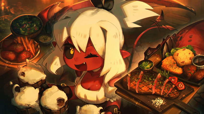 1girl :d absurdres alcohol beer beer_mug black_sclera breasts colored_sclera colored_skin cup demon_girl demon_tail demon_wings fang fantasy food highres holding holding_tray looking_at_viewer medium_breasts mug one_eye_closed original pointy_ears ponytail porforever red_skin short_ponytail smile solo steak tail tail_wagging tray white_hair wings yellow_eyes