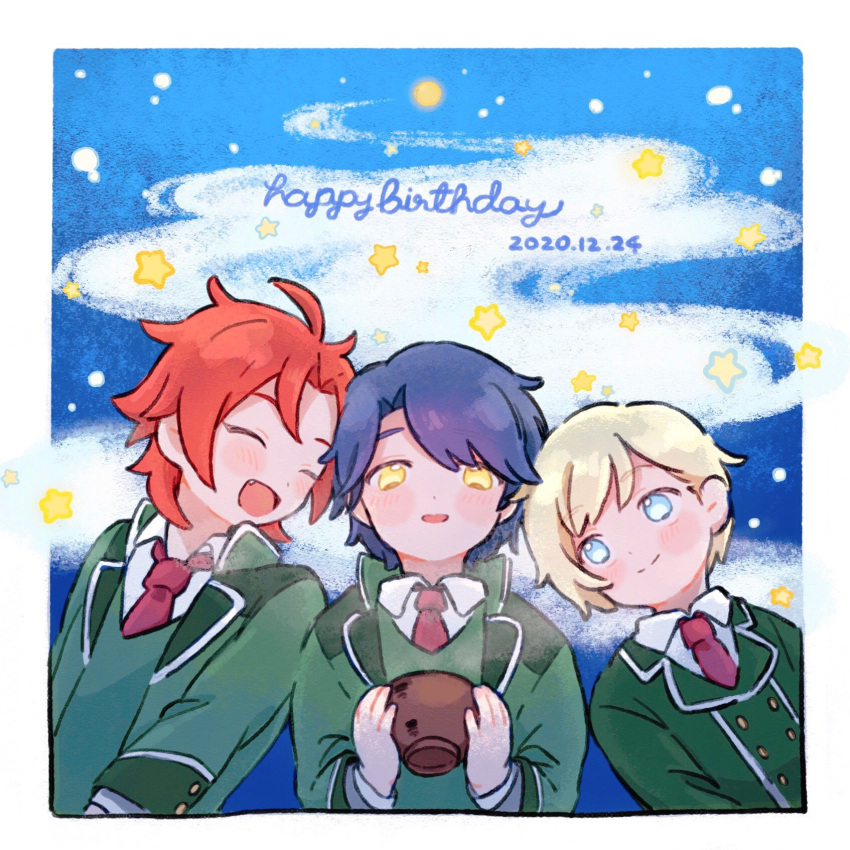 3boys :d ^_^ avocado_academy_school_uniform blonde_hair blue_background blue_hair bowl closed_eyes collared_shirt commentary_request dated fang green_jacket happy_birthday highres holding holding_bowl idol_time_pripara jacket looking_at_another male_focus mitaka_asahi multiple_boys necktie open_mouth outline poro_(pweedro) pretty_series pripara red_necktie redhead school_uniform shirt short_hair smile takase_koyoi upper_body white_shirt yellow_eyes yumekawa_shogo