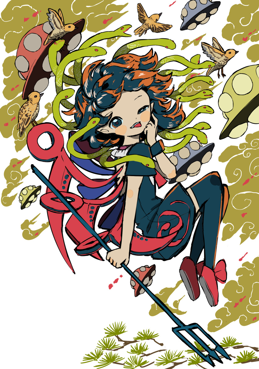 1girl absurdres animal bird black_dress black_hair black_thighhighs branch clouds commentary dress full_body half-closed_eye highres houjuu_nue looking_at_viewer medium_hair neruzou pointy_ears polearm red_footwear shoes short_dress short_sleeves snake solo thigh-highs tongue tongue_out touhou trident ufo weapon white_background whorled_clouds wings