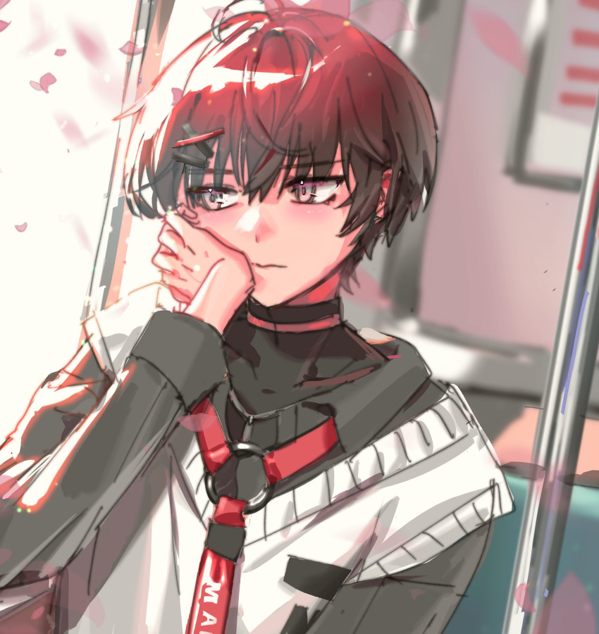 1boy black_choker black_hair blurry blurry_background cherry_blossoms choker closed_mouth english_commentary facing_viewer falling_petals gradient_hair hair_between_eyes highres holostars holostars_english joan64rk looking_outside looking_to_the_side machina_x_flayon machina_x_flayon_(2nd_costume) male_focus multicolored_hair o-ring_strap petals redhead short_hair sidelighting solo sweater_vest two-tone_hair upper_body virtual_youtuber window
