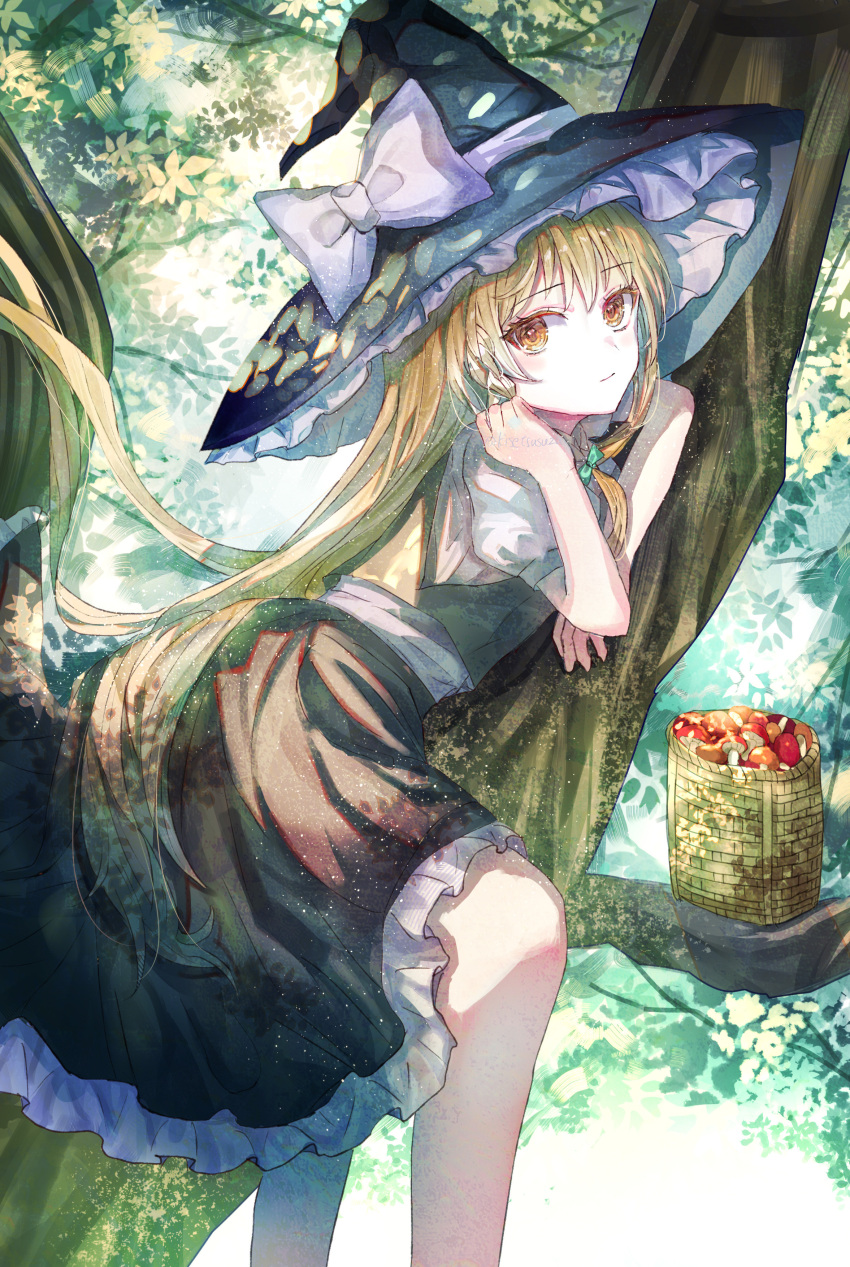 1girl absurdres basket black_skirt blonde_hair bow braid closed_mouth green_bow hair_bow hat hat_bow highres in_tree kirisame_marisa long_hair looking_at_viewer marisa_day mushroom short_sleeves side_braid single_braid sitting sitting_in_tree skirt solo suzushina touhou tree twitter_username very_long_hair white_bow witch_hat yellow_eyes