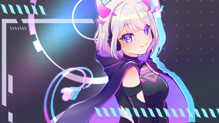 1girl :3 absurdres black_bodysuit black_cape bob_cut bodysuit breasts cape detached_horns gradient_hair gradient_horns hair_intakes headphones highres holographic_horns horns indie_virtual_youtuber looking_at_viewer medium_hair mitsui_(mmdwn_0520) motherv3 multicolored_eyes multicolored_hair multicolored_horns neon_trim pink_horns purple_cape purple_horns smile solo tail tail_through_clothes touching_tail two-sided_cape two-sided_fabric two-tone_eyes violet_eyes virtual_youtuber white_eyes