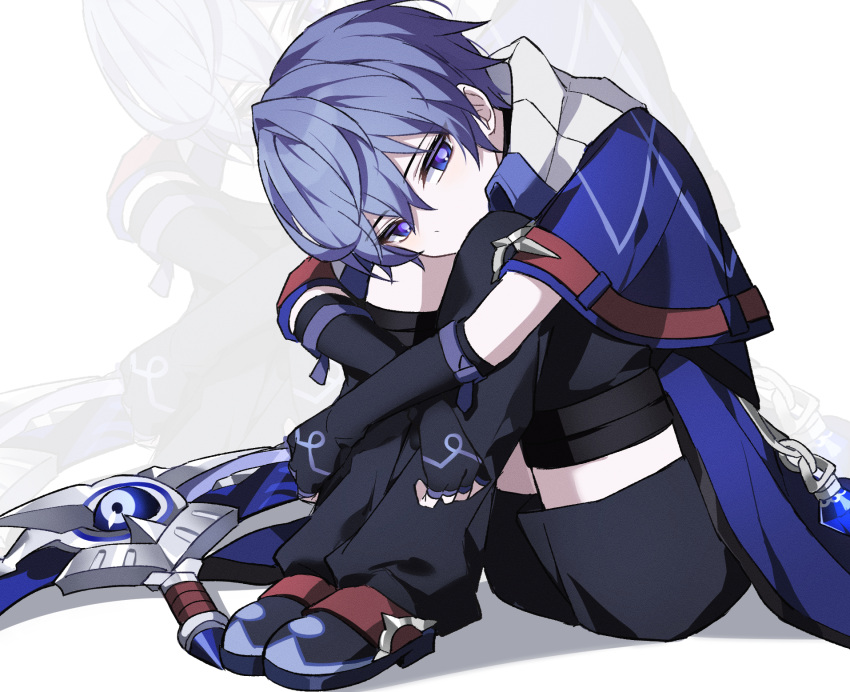 1boy black_footwear black_gloves black_shorts capelet elbow_gloves elsword fingerless_gloves gloves hair_between_eyes hashtag_only_commentary highres look_128 looking_at_viewer male_focus noah_ebalon purple_capelet purple_hair shoes short_hair shorts sickle sitting solo violet_eyes weapon white_background