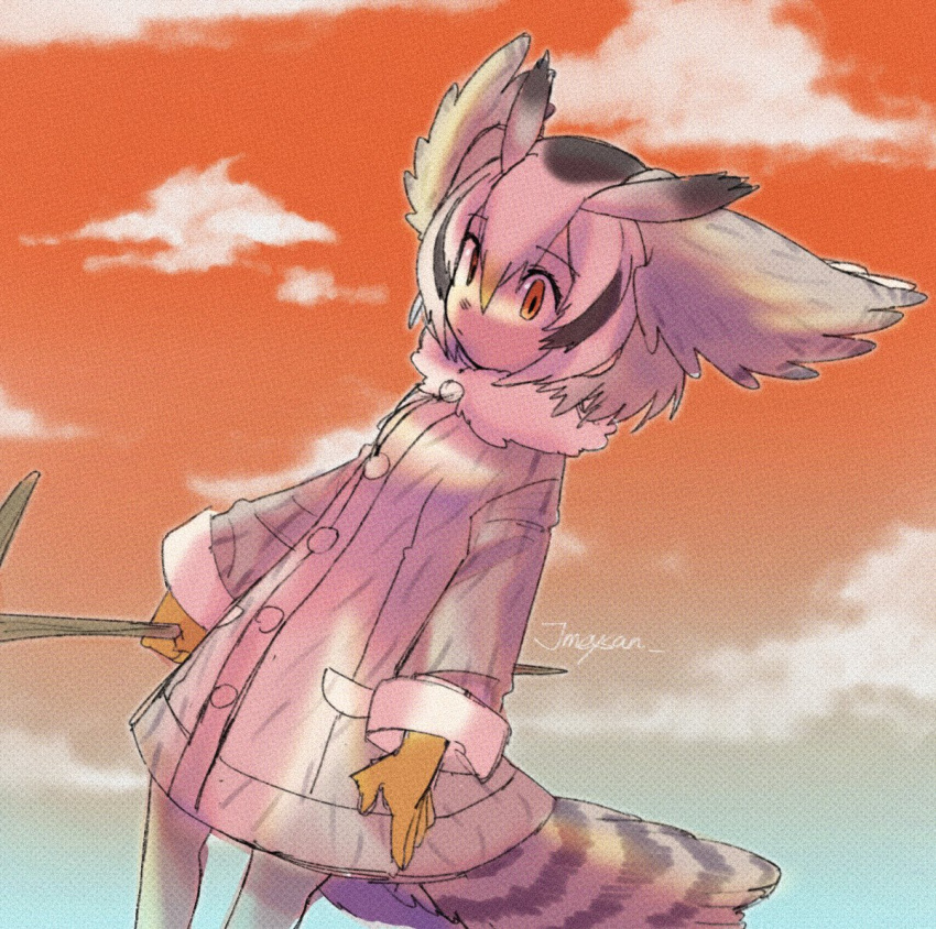 1girl bad_id bad_twitter_id bird_tail brown_coat closed_mouth clouds coat commentary cowboy_shot fur_collar gloves hair_between_eyes head_wings holding inactive_account jmeysan kemono_friends long_sleeves northern_white-faced_owl_(kemono_friends) orange_eyes orange_sky outdoors short_hair sky solo standing sunset symbol-only_commentary tail wings yellow_gloves