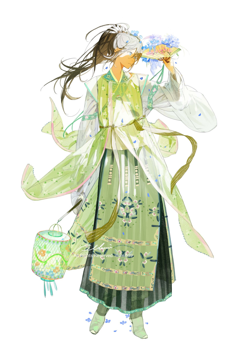 1boy absurdres blue_eyes blue_flower brown_hair earrings flower full_body hand_fan highres holding holding_fan illumi999 jewelry korean_clothes lamp long_hair long_sleeves looking_to_the_side male_focus original patterned_clothing petals ponytail shoes simple_background solo standing white_background
