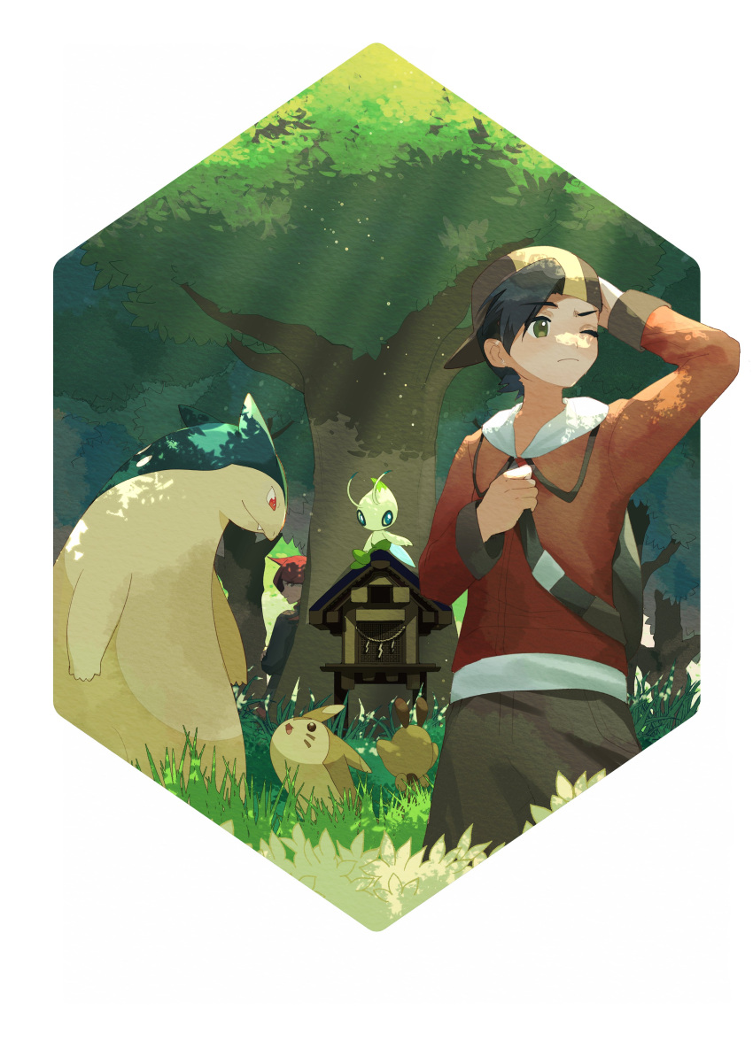 2boys absurdres arm_up backwards_hat black_hair celebi closed_mouth day ethan_(pokemon) furret grass grey_eyes hat highres holding_strap jacket male_focus multiple_boys one_eye_closed outdoors pants pokemon pokemon_(creature) pokemon_hgss red_jacket sapphire_ethu sentret short_hair silver_(pokemon) standing tree typhlosion