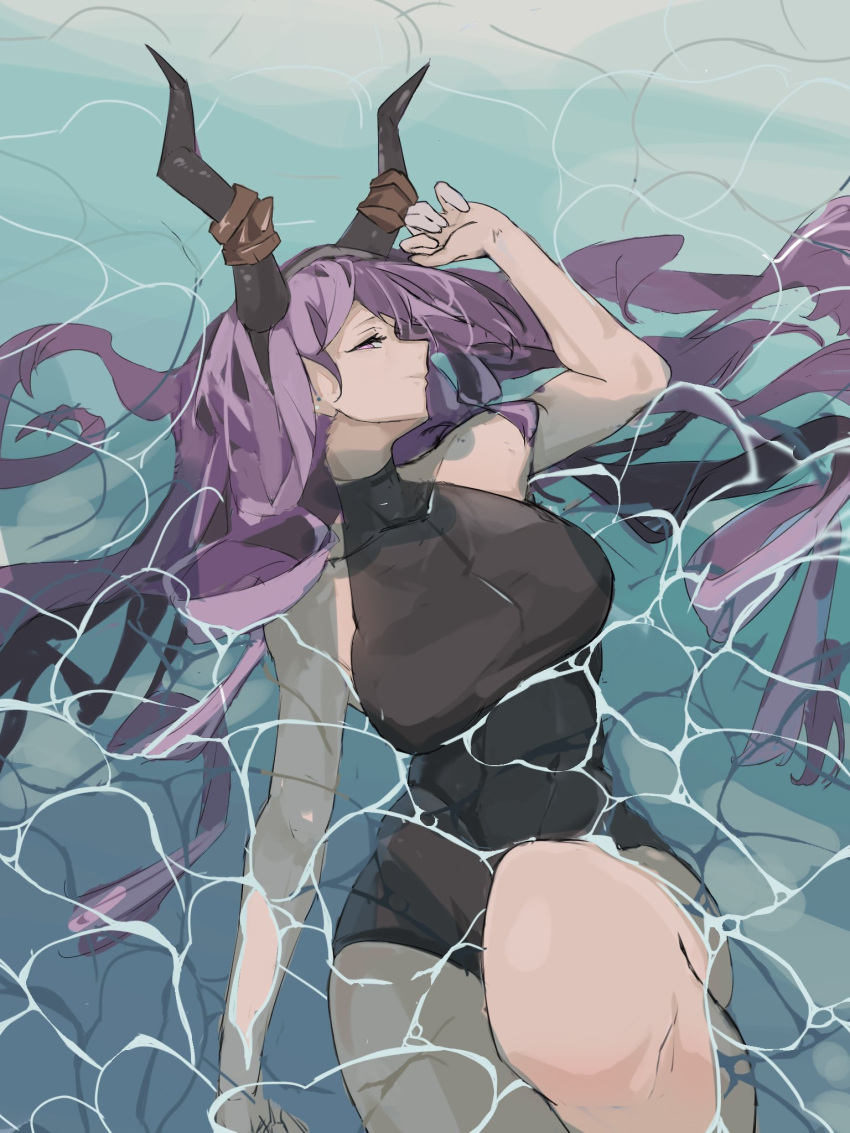 acctops arknights black_horns black_shirt highres horn_hairband horns in_water off_shoulder purple_hair shirt single_thighhigh thigh-highs typhon_(arknights)