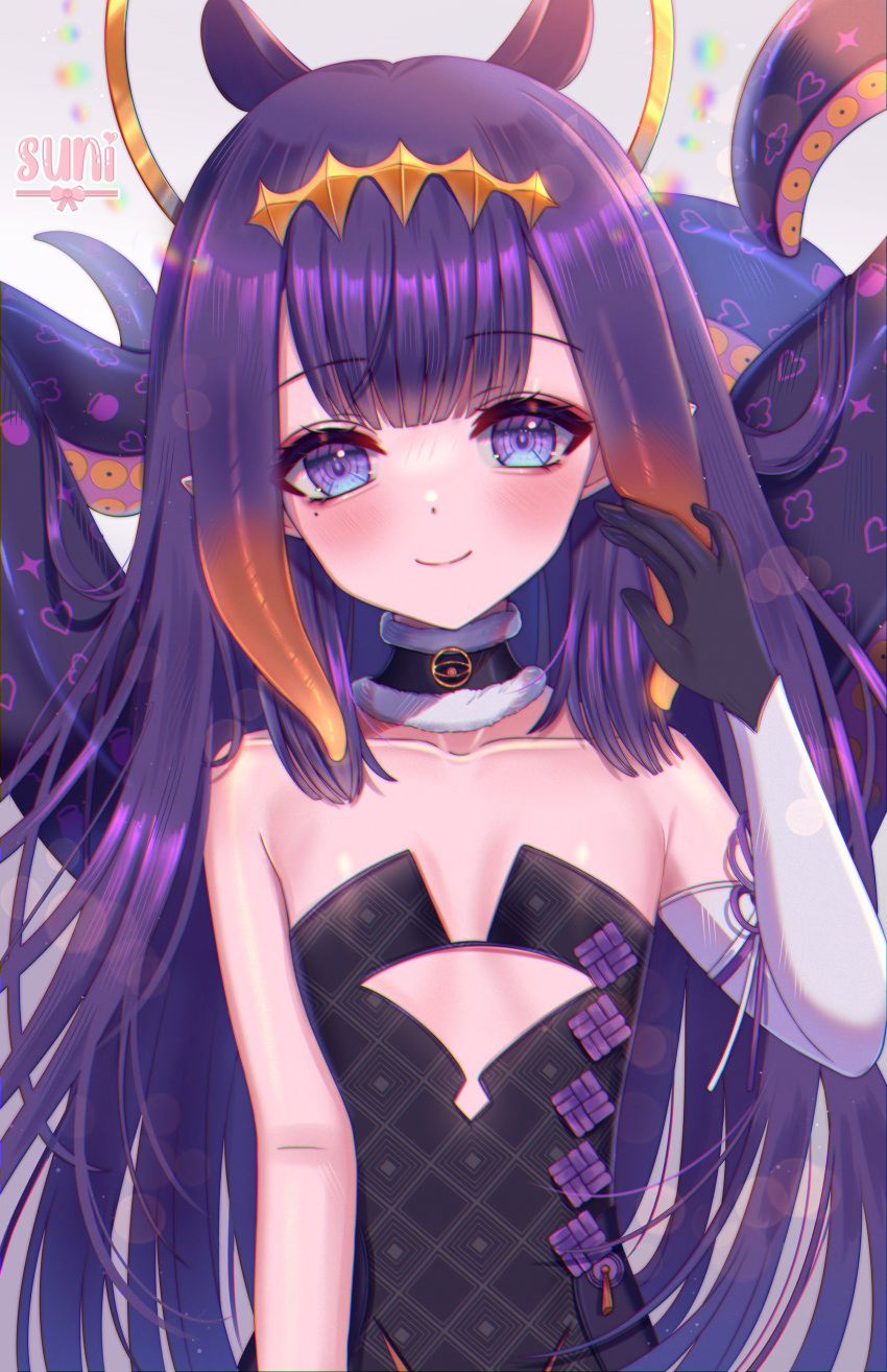 1girl absurdres artist_name black_dress blue_eyes blunt_bangs blush choker closed_mouth collarbone detached_sleeves diamond_hairband dress fur-trimmed_choker fur-trimmed_collar fur_choker fur_trim gloves gradient_hair halo highres hololive hololive_english long_hair looking_at_viewer mole mole_under_eye multicolored_hair ninomae_ina'nis ninomae_ina'nis_(1st_costume) orange_hair pointy_ears purple_hair sidelocks single_detached_sleeve smile solo strapless strapless_dress su_niii tentacle_hair tentacles tube_dress upper_body very_long_hair virtual_youtuber