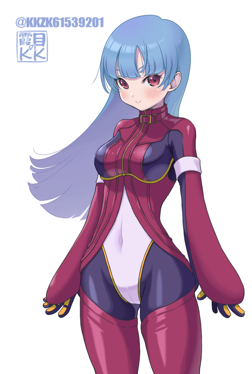 belt blue_hair blush bodysuit breasts cowboy_shot gloves highres kkzk61539201 kula_diamond long_hair looking_at_viewer medium_breasts signature simple_background smile the_king_of_fighters the_king_of_fighters_xv violet_eyes white_background