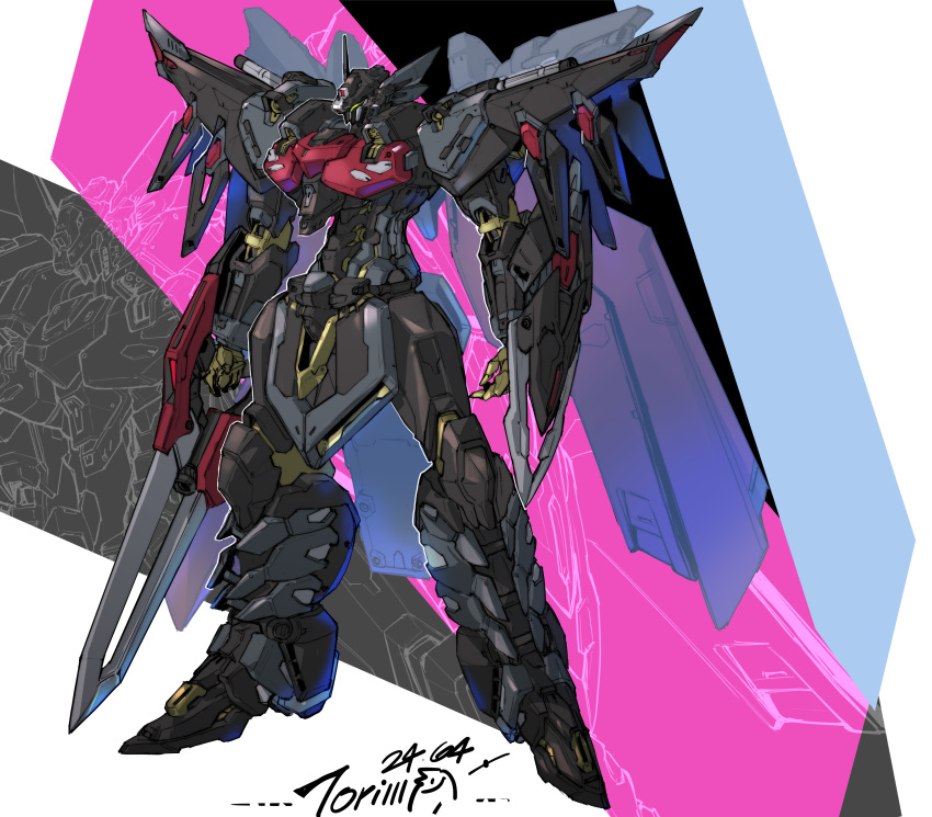 absurdres arm_shield arms_at_sides artist_name black_knight_squad_shi-ve.a commentary_request dated full_body green_eyes gundam gundam_seed gundam_seed_freedom highres holding holding_sword holding_weapon legs_apart mecha mecha_focus mobile_suit niao_san_shi no_humans robot science_fiction solo standing sword weapon
