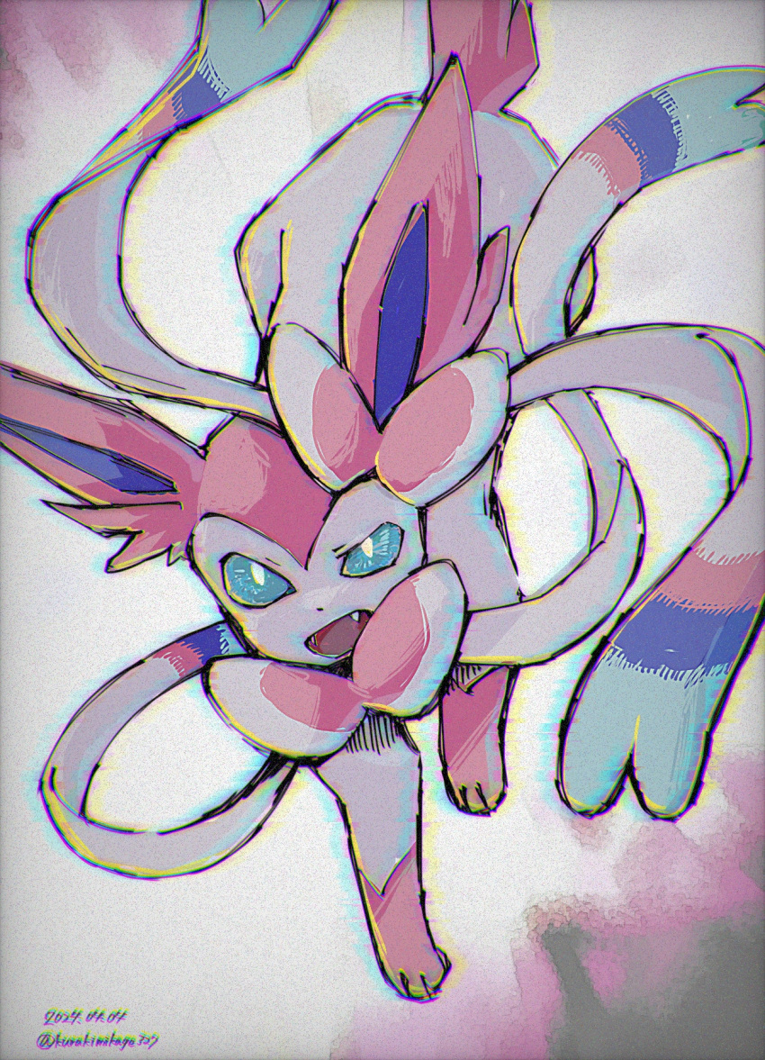 aqua_eyes bright_pupils chromatic_aberration commentary_request dated fang half-closed_eye highres kurakimikage327 no_humans open_mouth pokemon pokemon_(creature) solo sylveon twitter_username watermark white_pupils