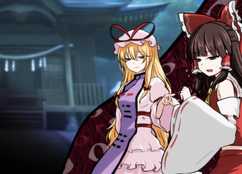 2girls ascot blonde_hair bow brown_hair building closed_mouth commentary_request detached_sleeves dress flying_sweatdrops frilled_bow frilled_hair_tubes frills gap_(touhou) hair_bow hair_tubes hakurei_reimu hakurei_shrine hat hat_ribbon highres holding_hands light_blush long_hair long_sleeves mob_cap monadmandara multiple_girls open_mouth purple_tabard red_bow red_ribbon red_skirt ribbon ribbon-trimmed_sleeves ribbon_trim skirt skirt_set smile sweatdrop tabard touhou trembling very_long_hair wide_sleeves yakumo_yukari yellow_ascot yellow_eyes
