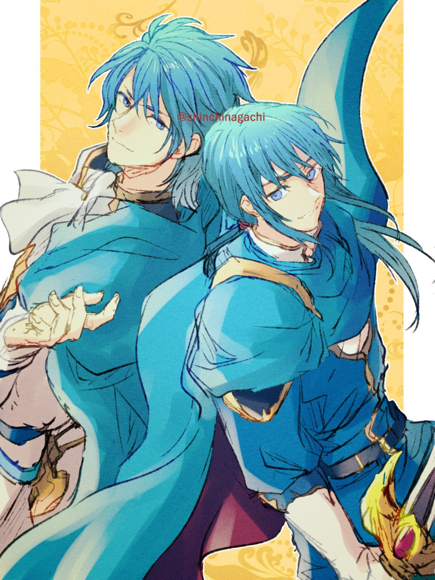 2boys ascot belt blue_cape blue_eyes blue_hair cape closed_mouth commentary_request father_and_son fire_emblem fire_emblem:_genealogy_of_the_holy_war headband highres holding holding_sword holding_weapon male_focus multiple_boys nishimura_(nianiamu) outside_border pillarboxed seliph_(fire_emblem) sigurd_(fire_emblem) smile sword teeth tyrfing_(fire_emblem) weapon white_ascot white_headband yellow_background
