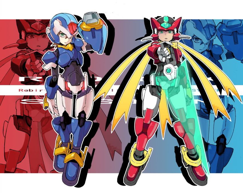 1boy 1girl aile_(mega_man_zx) arm_cannon arm_up armor blonde_hair blue_armor blue_footwear blue_helmet boots brown_hair commentary_request cropped_jacket crotch_plate energy_gun energy_sword forehead_jewel full_body green_eyes helmet highres holding holding_sword holding_weapon jacket kotoyama long_hair looking_at_viewer mechanical_parts mega_man_(series) mega_man_zx model_x_(mega_man) model_zx_(mega_man) power_armor red_armor red_footwear red_helmet red_jacket short_hair sword vent_(mega_man) weapon