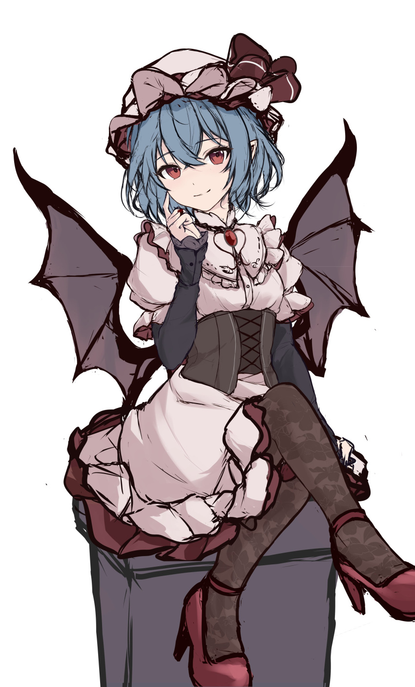 1girl absurdres bat_wings black_thighhighs blue_hair closed_mouth dress full_body hat hat_ribbon high_heels highres looking_at_viewer mob_cap orchid_(orukido) pink_dress pink_hat red_eyes red_footwear red_ribbon remilia_scarlet ribbon short_hair simple_background sitting sketch smile solo thigh-highs touhou white_background wings