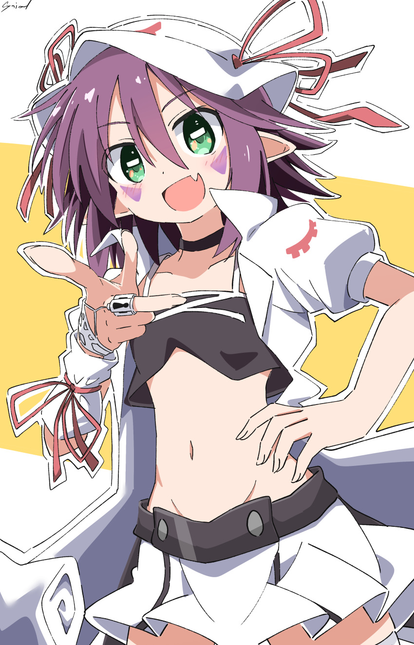 1girl absurdres choker cynical_(llcbluckg_c004) facial_mark fang green_eyes hat highres looking_at_viewer merry_nightmare midriff navel open_mouth pointy_ears purple_hair ribbon short_hair skirt smile solo striped_clothes striped_thighhighs thigh-highs yumekui_merry