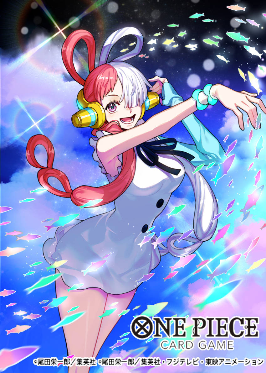 1girl black_ribbon blue_gloves copyright_name cowboy_shot dress elbow_gloves fish frilled_dress frills gloves hair_over_one_eye headphones highres lower_teeth_only multicolored_hair neck_ribbon official_art one_piece one_piece_film:_red outstretched_arm redhead ribbon smile solo sunohara_(encount) teeth twintails two-tone_hair uta_(one_piece) violet_eyes white_dress white_hair