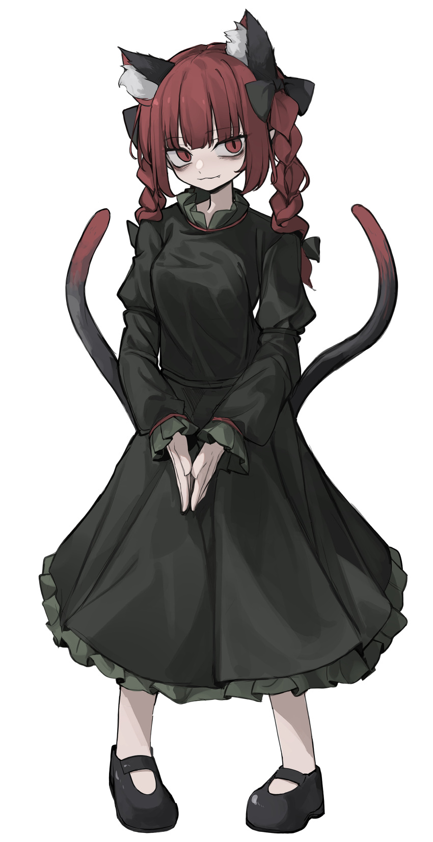 1girl :3 absurdres animal_ear_fluff animal_ears bags_under_eyes black_bow black_dress black_footwear bow braid breasts cat_ears cat_girl cat_tail dress extra_ears facing_viewer fang fang_out full_body hair_bow highres hisha_(kan_moko) kaenbyou_rin long_sleeves multiple_tails own_hands_together pointy_ears red_eyes redhead shoes sidelocks sideways_glance simple_background solo standing tail touhou twin_braids two_tails v_arms white_background