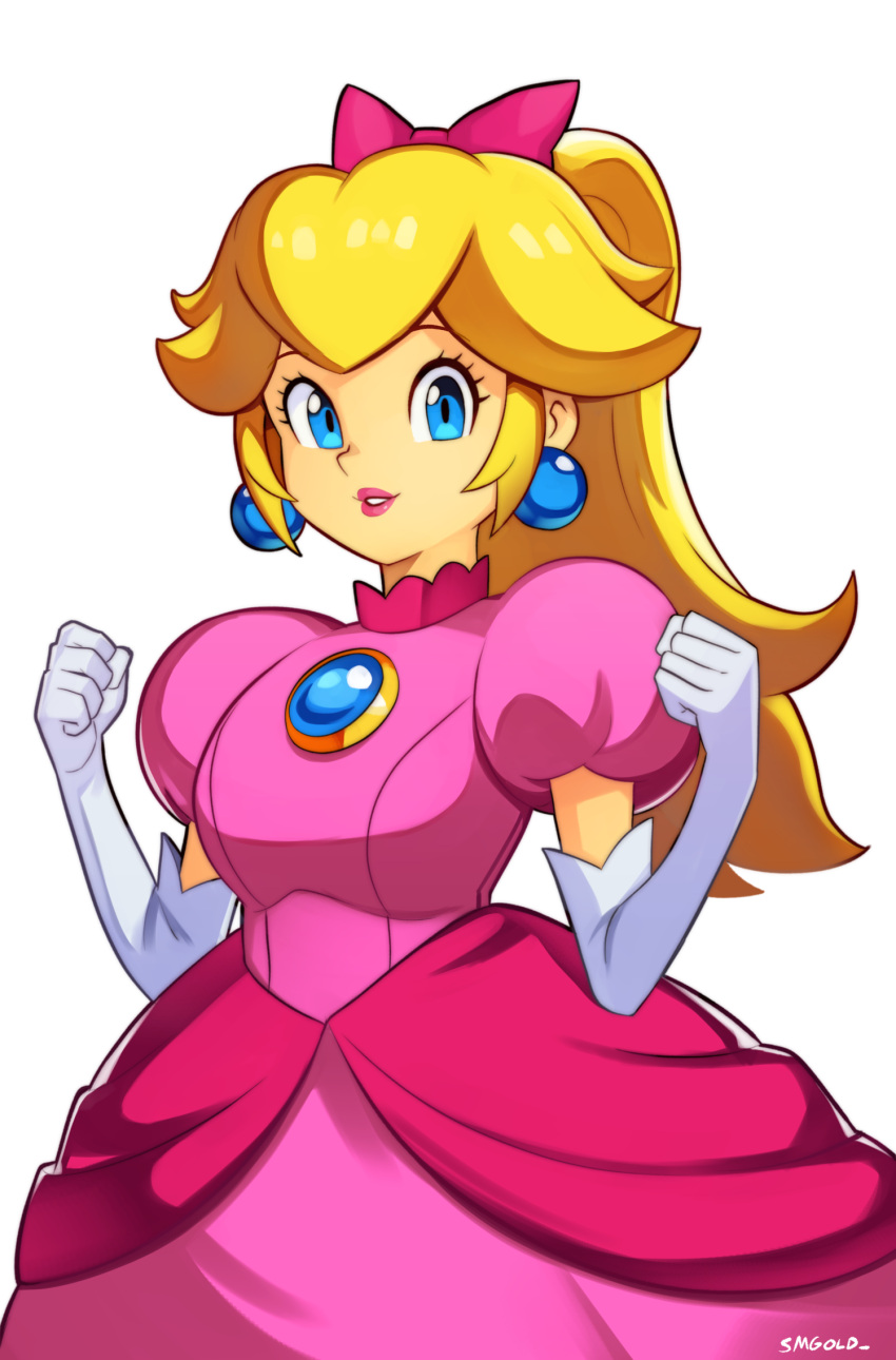 1girl artist_name blonde_hair blue_eyes bow breasts brooch clenched_hands dress earrings elbow_gloves gloves hair_bow high_ponytail highres jewelry long_hair medium_breasts pink_bow pink_dress pink_lips princess_peach princess_peach:_showtime! short_hair simple_background smgold solo sphere_earrings super_mario_bros. white_background white_gloves