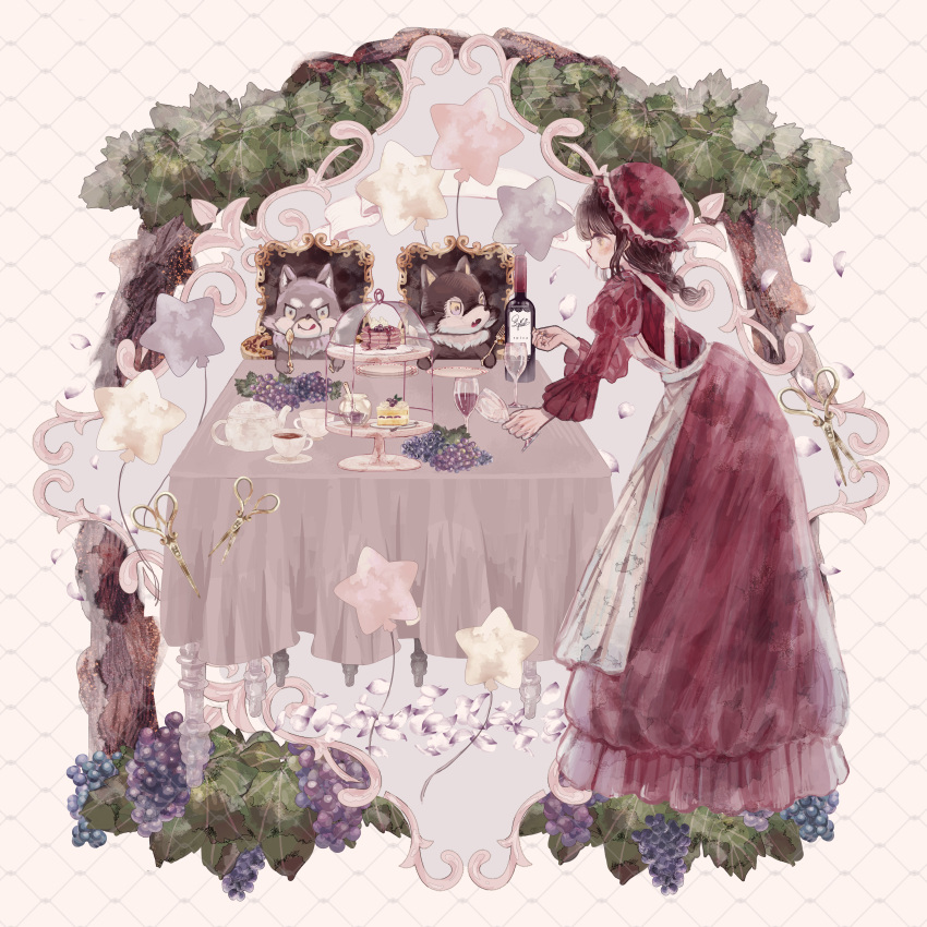 1girl absurdres alcohol animal apron black_hair blunt_bangs bottle braid braided_ponytail brown_hair cake cake_slice cat chair clothed_animal coffee_mug commentary_request cup dog dress drinking_glass flower food fork frilled_apron frilled_dress frilled_hat frills fruit full_body grapes grid_background grimm's_fairy_tales hat highres jar juliet_sleeves leaf leaning_forward little_red_riding_hood_(grimm) long_dress long_hair long_sleeves mob_cap mug plate puffy_sleeves red_dress red_hat saucer scissors spoon standing star_(symbol) star_balloon supika table tablecloth teacup teapot tiered_tray tree white_apron wine wine_bottle wine_glass