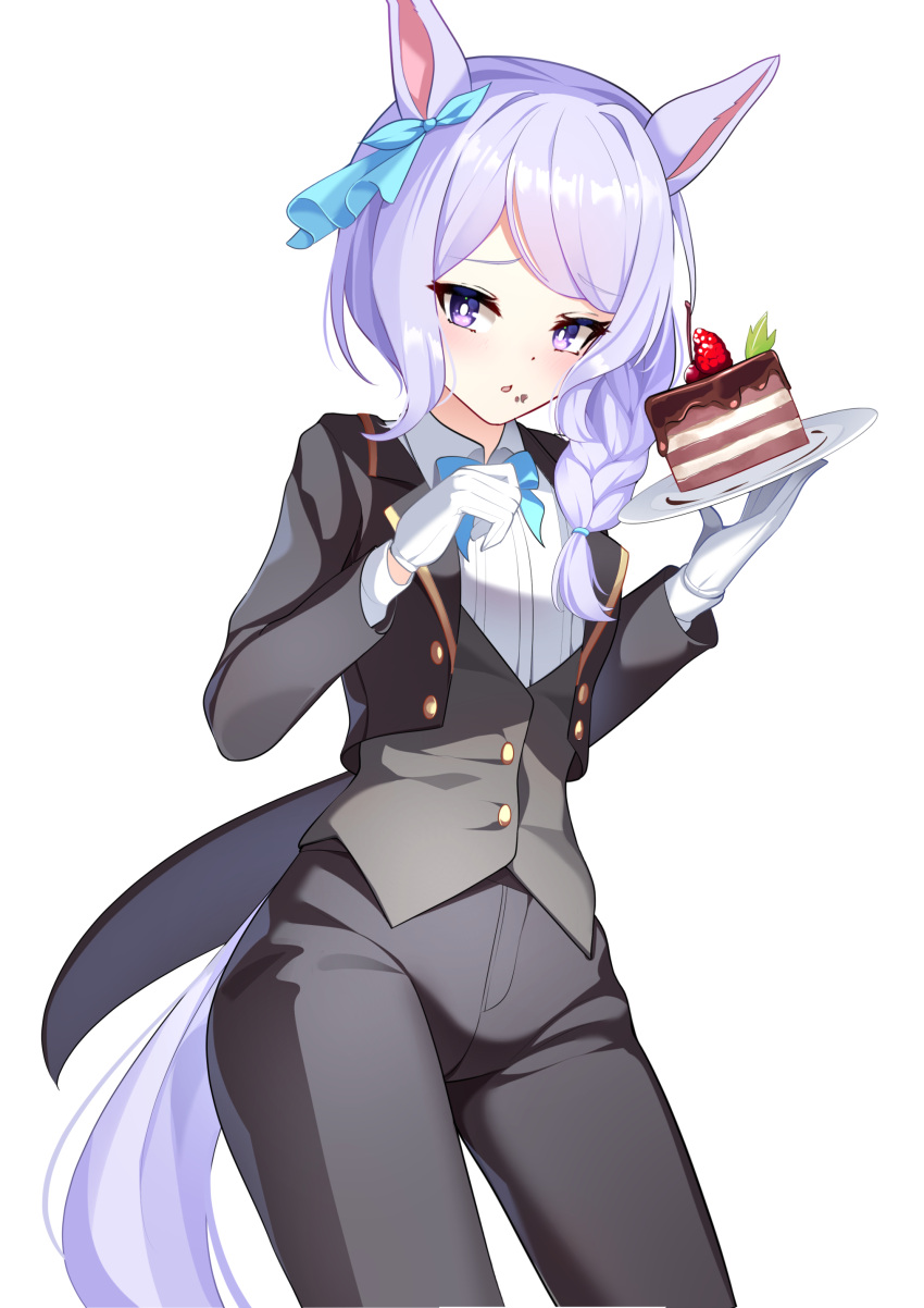 1girl absurdres animal_ears black_jacket black_pants black_vest blush braid braided_ponytail cake collared_shirt commentary_request cowboy_shot cropped_jacket ear_ornament food food_on_face gloves highres holding holding_plate horse_ears horse_girl horse_tail jacket long_hair long_sleeves mejiro_mcqueen_(umamusume) open_clothes open_jacket open_mouth pants plate purple_hair shirt simple_background solo sunny_(20597521) tail umamusume vest violet_eyes white_background white_gloves