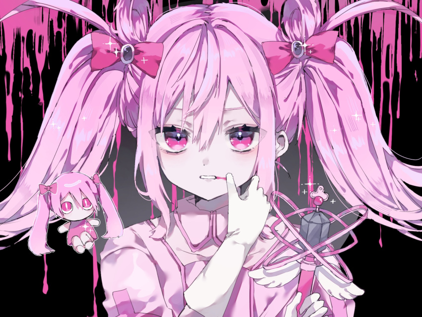 1girl aegyo_sal black_background blush bow collar gloves hair_bow hatsune_miku highres hiro_0607 holding holding_wand light_blush looking_at_viewer magical_girl mahou_shoujo_to_chokorewito_(vocaloid) melting parted_lips pink_hair pink_theme solo twintails vocaloid wand white_gloves wings