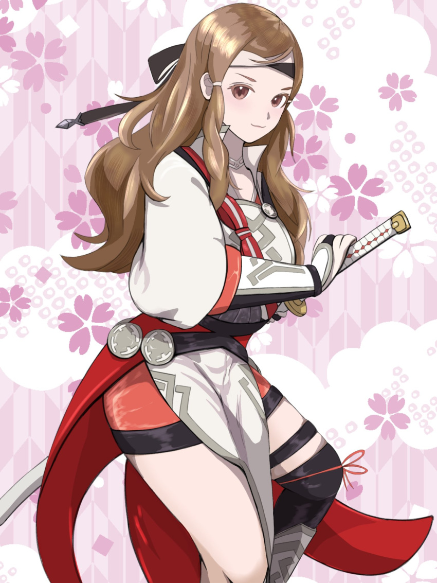 1girl armor brown_hair closed_mouth fire_emblem fire_emblem_fates fire_emblem_heroes hana_(fire_emblem) hana_(resplendent)_(fire_emblem) highres holding holding_sword holding_weapon japanese_armor japanese_clothes katana long_hair looking_at_viewer matchanosuke_fe official_alternate_costume solo sword weapon