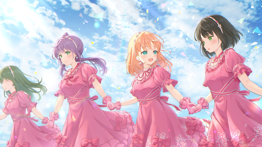 4girls :d :o absurdres alternate_costume aqua_eyes black_hair blue_skirt blunt_bangs blunt_ends blush bow bowtie breasts cerise_bouquet closed_mouth clouds commentary_request crossed_bangs dress dress_bow earrings eye_contact flower_earrings flower_hairband frilled_gloves frills gloves green_eyes green_hair hairband highres hinoshita_kaho holding_hands jewelry link!_like!_love_live! long_hair looking_at_another love_live! medium_breasts medium_dress medium_hair momose_ginko multiple_girls neck_ribbon no_eyes official_alternate_costume oogami_sachi open_mouth orange_hair otomune_kozue outdoors pink_bow pink_bowtie pink_dress pink_gloves pink_ribbon puffy_short_sleeves puffy_sleeves purple_hair reflection_in_the_mirror_(love_live!) ribbon short_hair short_sleeves side_ponytail sidelocks skirt smile straight_hair two_side_up virtual_youtuber white_hairband yutuki_ame