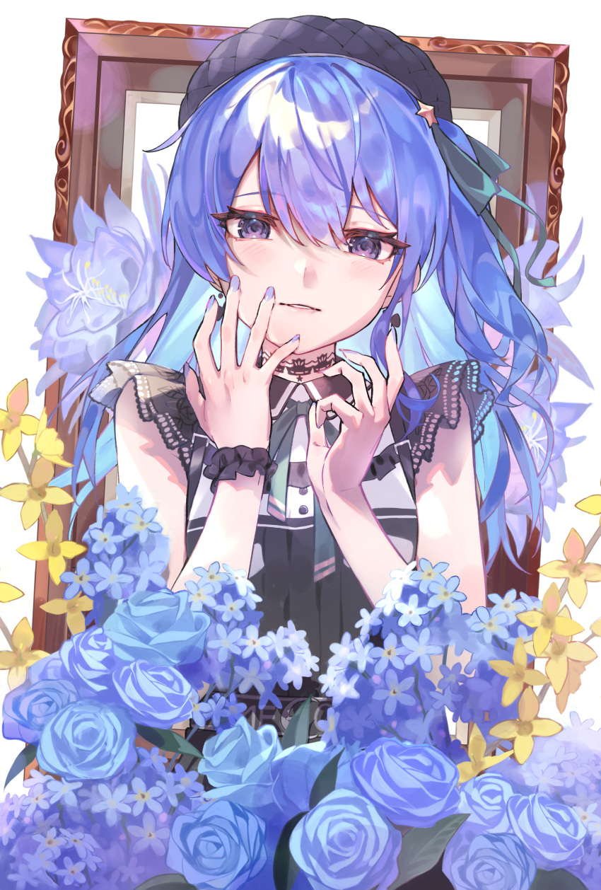 1girl absurdres beret blue_eyes blue_flower blue_hair blue_rose blush bow bow_earrings choker earrings english_commentary eyelashes flower hair_between_eyes hair_ribbon hat highres hololive hoshimachi_suisei hoshimachi_suisei_(streetwear) jewelry kouhiipan lace lace_choker long_hair looking_at_viewer official_alternate_costume official_alternate_hairstyle one_side_up picture_frame ribbon rose short_sleeves smile solo upper_body virtual_youtuber yellow_flower