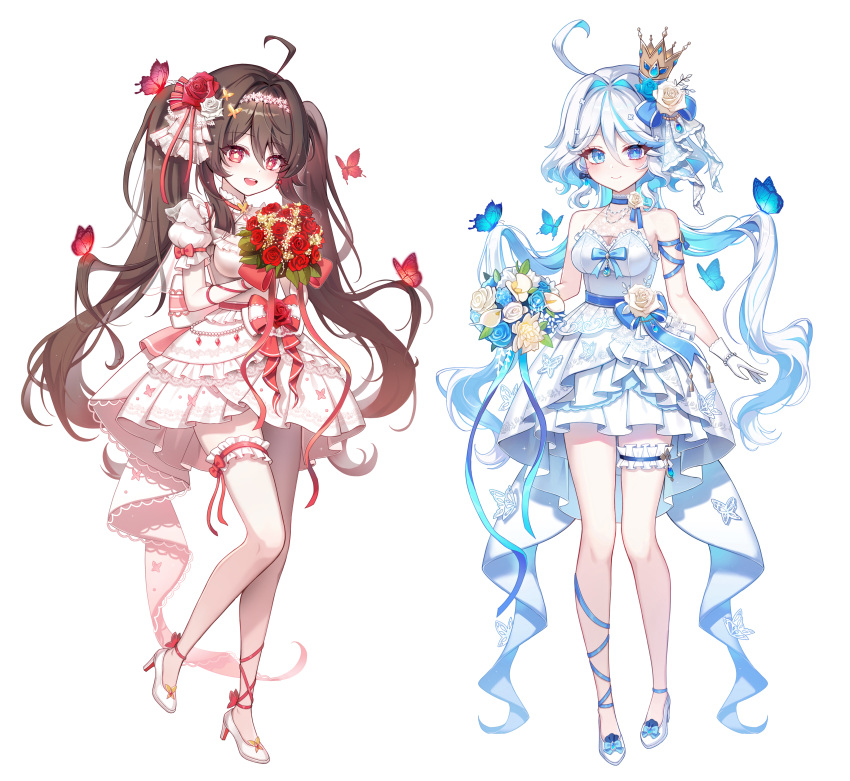 2girls :d absurdres ahoge alternate_costume arm_strap bare_shoulders blue_butterfly blue_choker blue_eyes blue_hair bouquet bow breasts bridal_garter brown_eyes brown_hair bug butterfly butterfly_hair_ornament butterfly_on_hair choker closed_mouth colored_inner_hair cowlick crown dress drop-shaped_pupils flower flower_hairband flower_wreath frilled_dress frills full_body furina_(genshin_impact) gem genshin_impact gloves hair_flower hair_ornament hayun heterochromia high_heels highres holding holding_bouquet hu_tao_(genshin_impact) leg_ribbon long_hair looking_at_viewer medium_breasts mini_crown multicolored_hair multiple_girls open_mouth pearl_(gemstone) puffy_short_sleeves puffy_sleeves red_bow red_butterfly red_eyes red_flower red_ribbon red_rose ribbon rose shoes short_sleeves smile standing standing_on_one_leg symbol-shaped_pupils thigh_scrunchie twintails very_long_hair waist_bow wavy_hair wedding_dress white_background white_dress white_footwear white_gloves white_hair