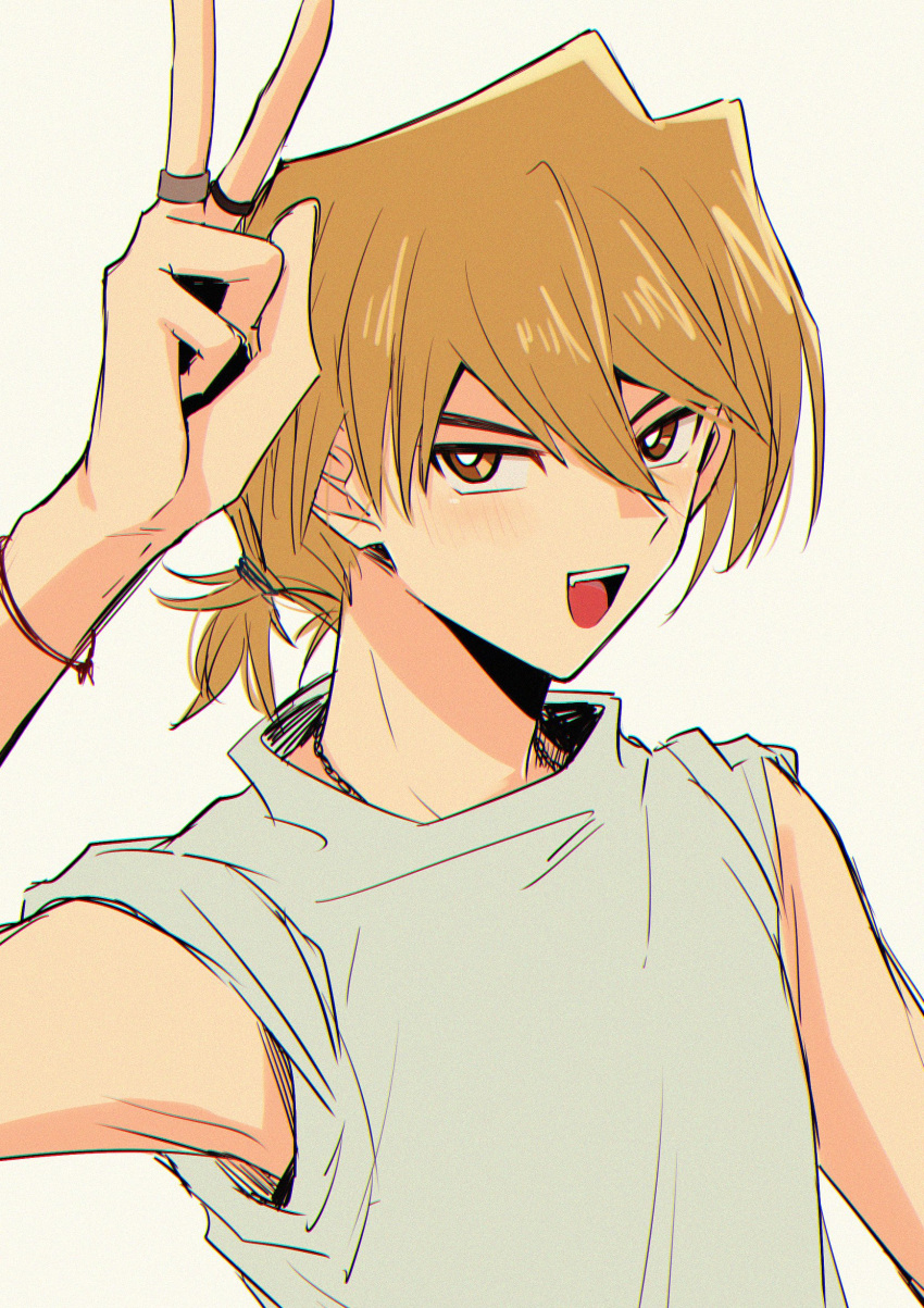 1boy arm_up blonde_hair blush bracelet brown_eyes hair_between_eyes highres jewelry jonouchi_katsuya looking_at_viewer low_ponytail male_focus multiple_rings necklace open_mouth ring saito0614 shirt short_hair sleeves_rolled_up solo teeth upper_body upper_teeth_only v white_background white_shirt yu-gi-oh! yu-gi-oh!_duel_monsters