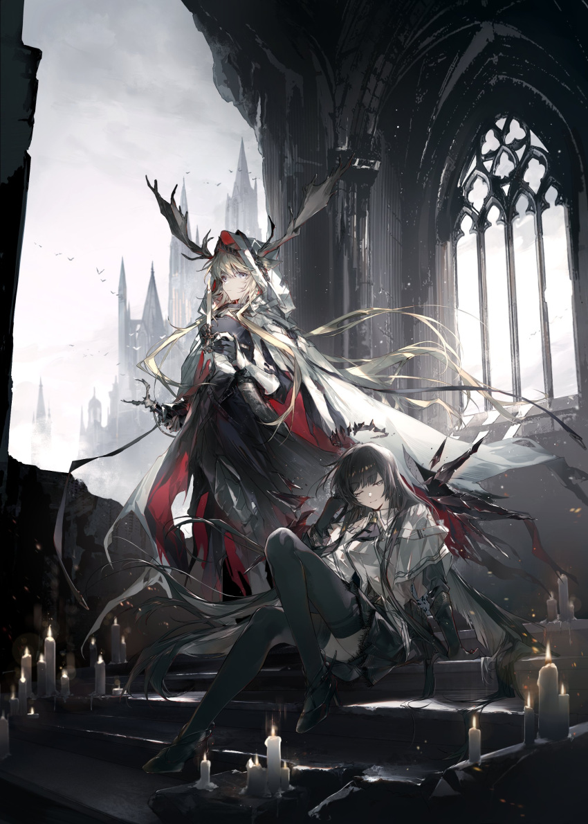 2girls absurdres antlers arch arknights arm_at_side arm_rest armor black_footwear black_hair black_skirt black_thighhighs blonde_hair breastplate candle cape capelet cheonyeon-hi closed_mouth clouds cloudy_sky deer_antlers detached_wings full_body gauntlets grey_eyes hand_in_own_hair hand_on_hilt high_heels highres holding_candle_stand hood hood_up hooded_cape horns indoors knee_up long_hair looking_at_viewer multiple_girls one_eye_closed overcast pleated_skirt ruins shirt simple_bird sitting sitting_on_stairs skirt sky smile spire stairs straight_hair thigh-highs vambraces virtuosa_(arknights) viviana_(arknights) white_cape white_capelet white_shirt window wings