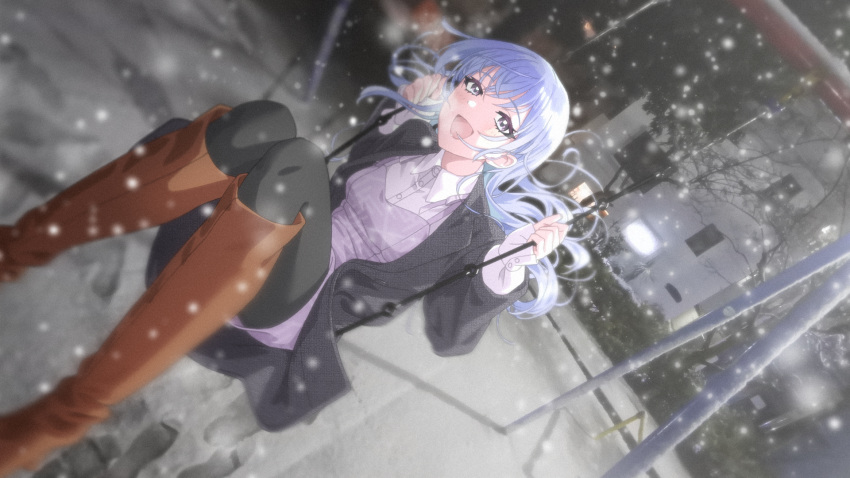 1girl black_coat black_pantyhose blue_hair boots coat commentary dress dutch_angle hands_up highres idolmaster idolmaster_shiny_colors knees_up long_hair long_sleeves looking_at_viewer open_clothes open_coat open_mouth orange_footwear outdoors pantyhose photo_background purple_dress smile snowing solo suzuki_hana swing symbol-only_commentary takada_(pixiv_97599311) thigh_boots violet_eyes