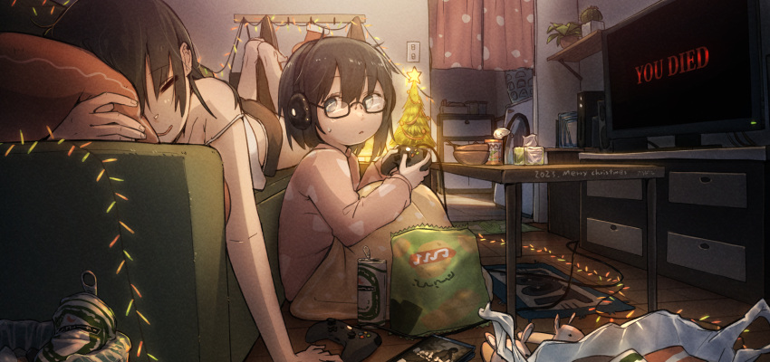 2girls absurdres beer_can bowl can christmas christmas_lights christmas_tree closed_eyes controller couch drink_can game_console game_controller game_over glasses headphones highres light_switch multiple_girls on_couch on_floor original pajamas playing_games rice_bowl scenery signature sitting sleeping sleeveless slippers snack television und2 unworn_slippers washing_machine