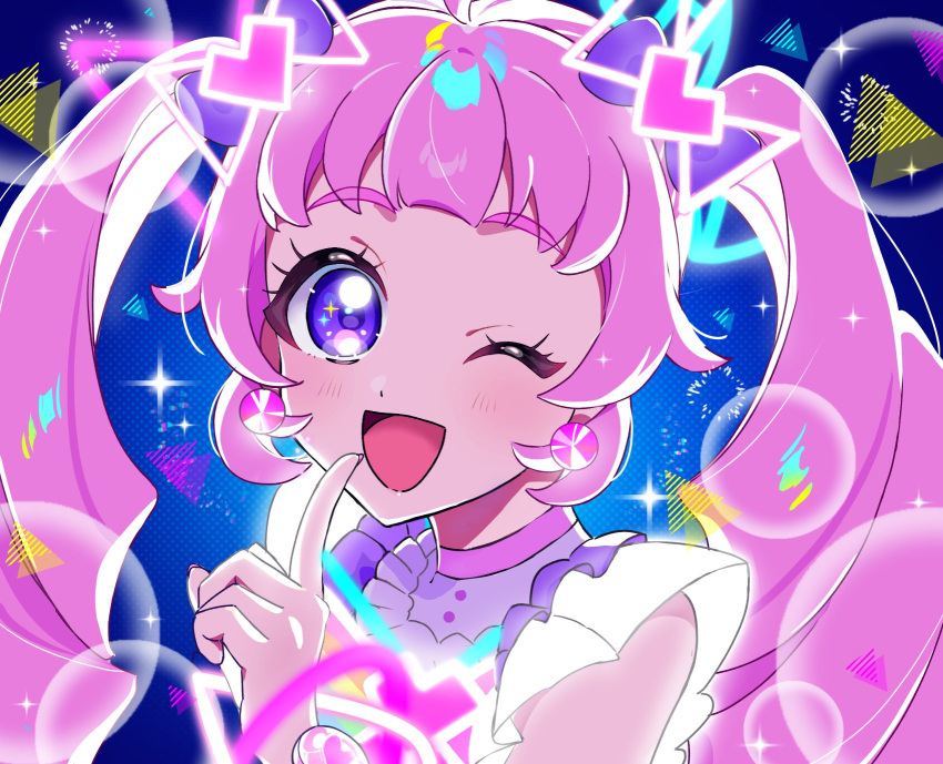 1girl ;d aozora_himari blue_background blunt_bangs bow commentary earrings english_commentary finger_to_mouth glowing_clothes hair_bow hand_up heart highres higuluma himitsu_no_aipri index_finger_raised jewelry long_hair looking_at_viewer one_eye_closed open_mouth pink_hair pretty_series purple_bow smile solo sparkle triangle twintails upper_body violet_eyes